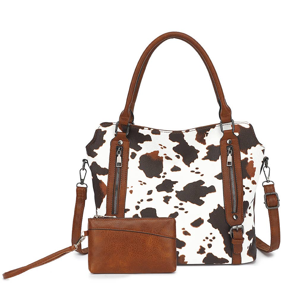 Cow Print Handbag Clutch Purse Set