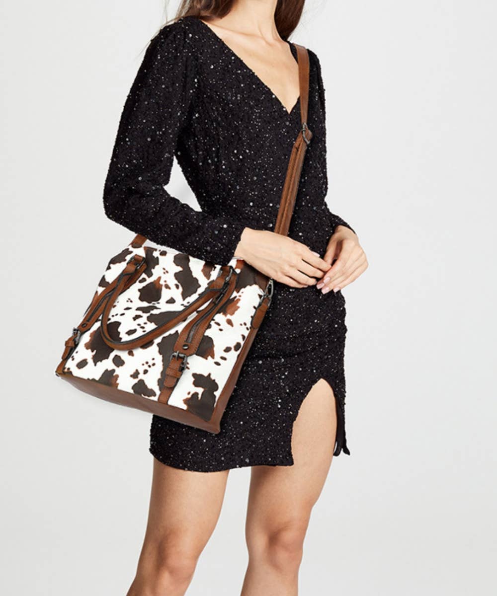 Cow Print Handbag Clutch Purse Set