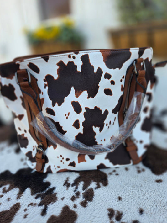 Cow Print Handbag Clutch Purse Set