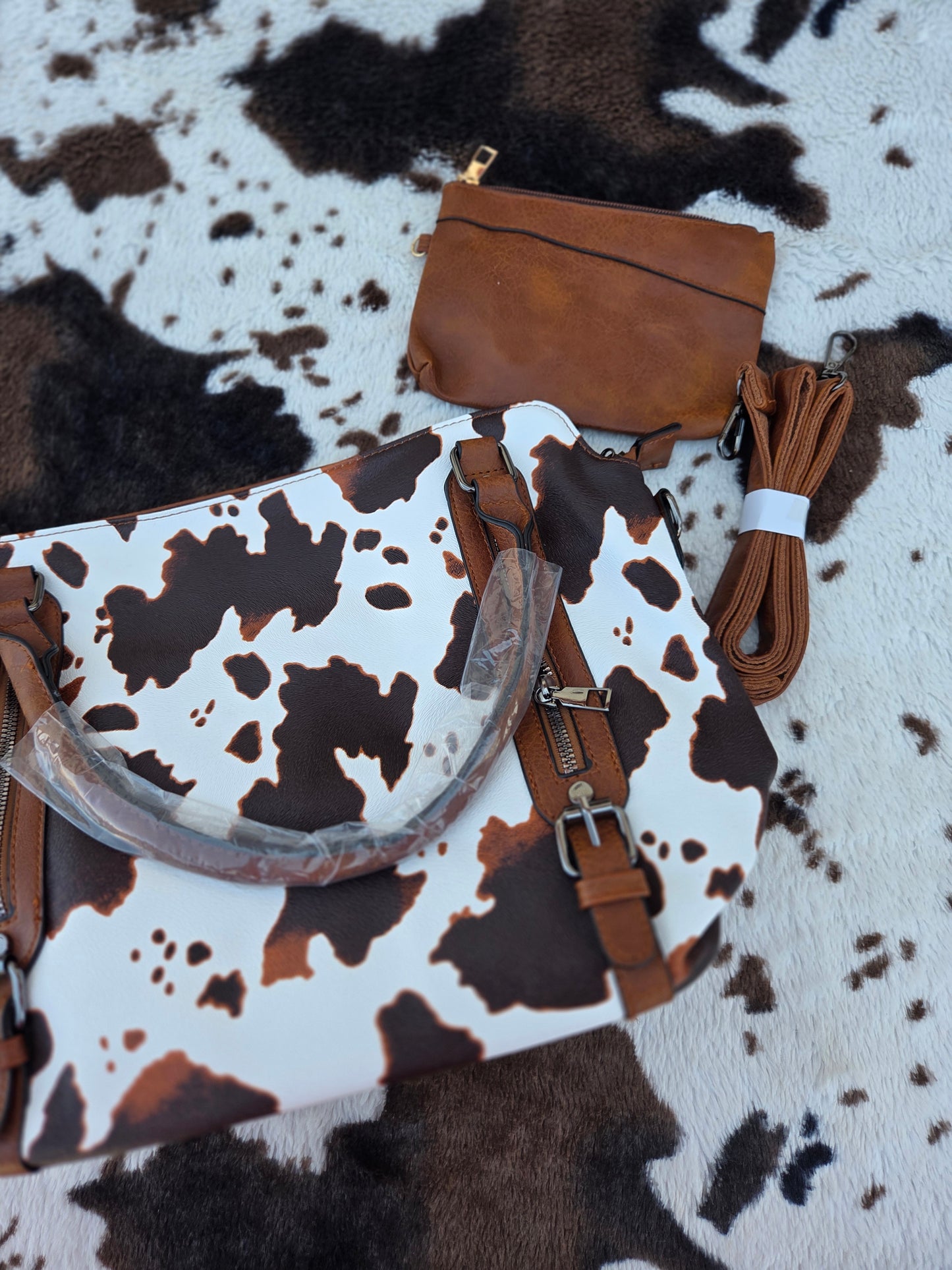 Cow Print Handbag Clutch Purse Set